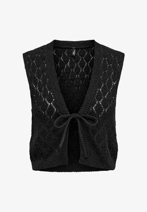 Schwarze gestrickte Weste mit offenem Vorderteil, ausgestattet mit einem Rautenmuster, ärmellosem Design und einer Frontbindeschließe. Strukturierter Stoff, lässiger Stil.