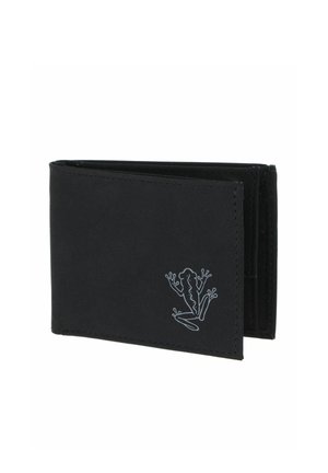 Black bifold wallet with a stitched outline and a small gray frog emblem on the front lower right corner.