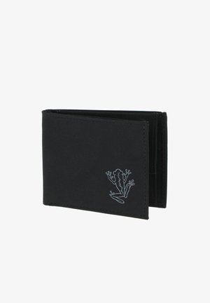 Portefeuille noir bifold avec un contour cousu et un petit emblème grenouille gris dans le coin inférieur droit à l'avant.