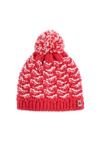 Berretto lavorato a maglia di un vivace rosa con un pom-pom bianco, caratterizzato da un motivo testurizzato e un polsino a coste. Include un piccolo dettaglio con un'etichetta metallica.
