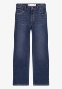 Straight-leg jeans in dark blue denim, featuring five pockets, a button closure, and contrasting yellow stitching along the seams.