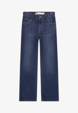 Jeans de perna reta em denim azul escuro, com cinco bolsos, fecho de botão e costuras amarelas em contraste ao longo das costuras.
