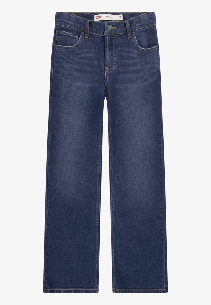 Straight-leg jeans in dark blue denim, featuring five pockets, a button closure, and contrasting yellow stitching along the seams.