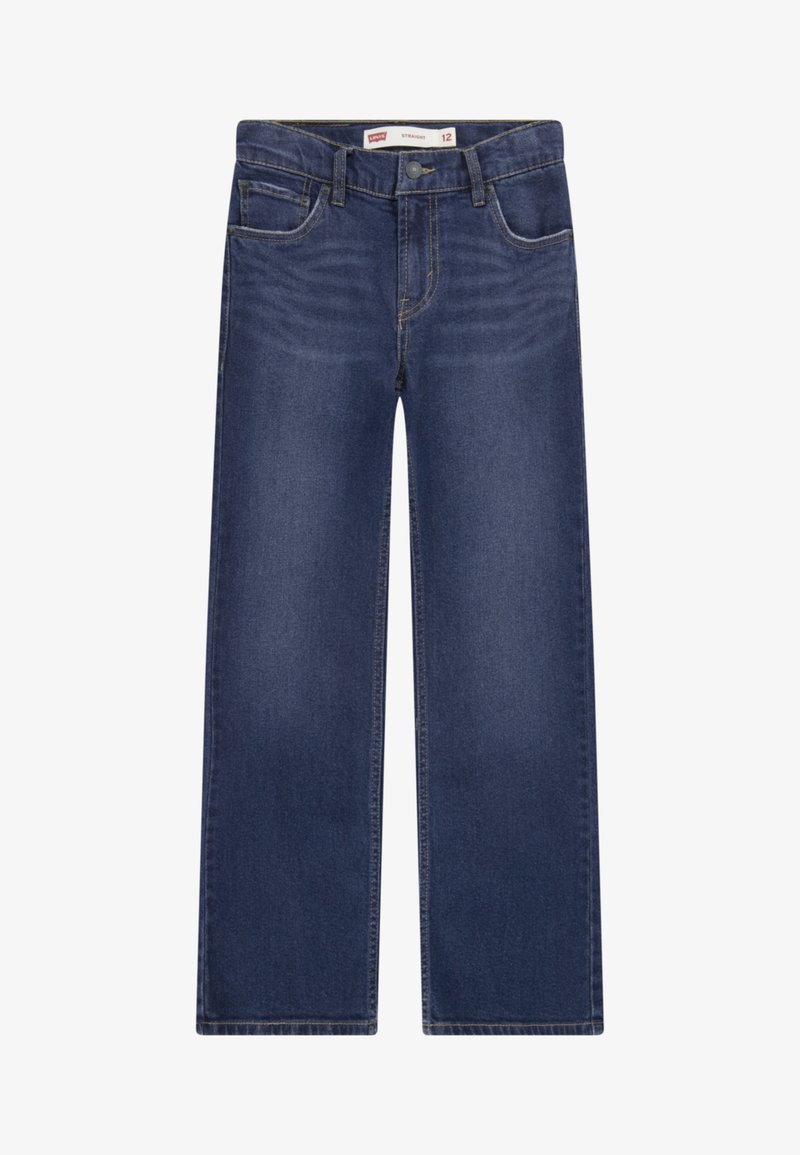 Taisnās kājas džinsi tumši zilo denimu, kas satur piecus kabatas, pogu aizdari un kontrastējošu dzeltenu šuvju stitching.