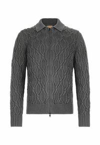 Szary sweter typu kardigan z wzorem diamentu, zapinany na zamek, z kołnierzem. Wykonany z teksturowanej tkaniny z prążkowanymi mankietami i obrębem.