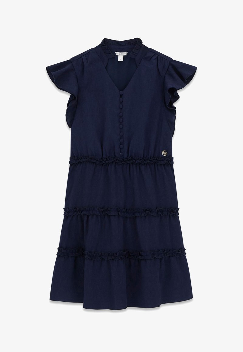 Dunkel marineblaues ärmelloses Kleid mit gestuften Rüschen, stoffbezogenen Knöpfen vorne und einem kleinen metallischen Logo in der Taille.