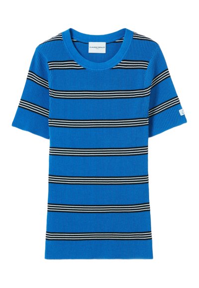 T-shirt in cotone blu a righe orizzontali bianche e nere. Maniche corte, scollo rotondo e un'accenno di marca sulla manica.