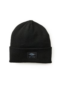 Gorro de punto negro con puño doblado y un parche rectangular de goma que presenta el texto "RIP CURL" y un diseño de ola.