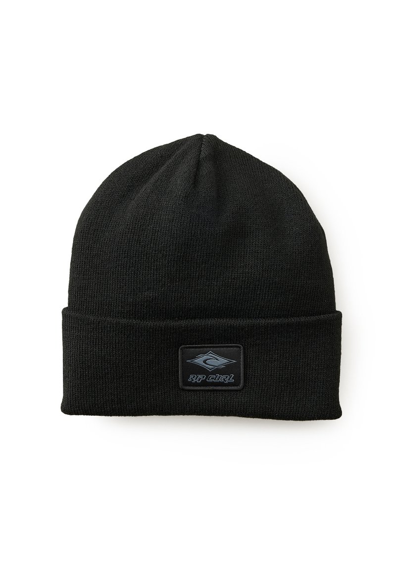 Gorro de punto negro con puño doblado y un parche rectangular de goma que presenta el texto "RIP CURL" y un diseño de ola.