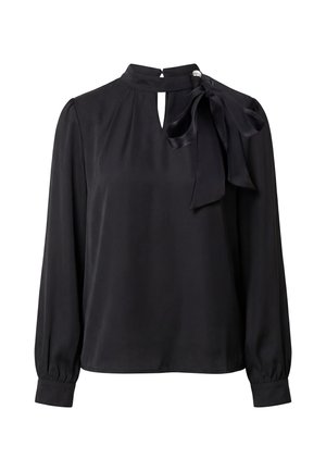 Black long-sleeve blouse with high neck, keyhole cutout, and a bow tied near the shoulder with a small pearl detail.