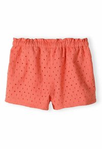 Korallfärgade bomullsshorts med elastisk midja, med ett strukturerat mönster av små cirkulära urklipp genom hela tyget.