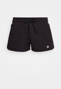 Svarta sportshorts med elastisk midja och dragsko. Har sidofickor och en liten vit Adidas-logotyp vid fållen. Mjukt tyg.