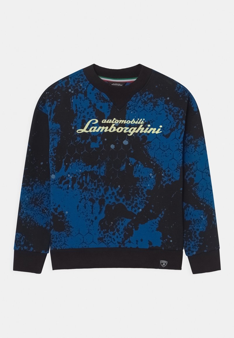 Blue and black sweatshirt with splatter pattern, featuring a V-neck and "automobili Lamborghini" logo in yellow. Ribbed cuffs and hem.