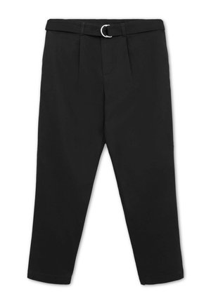 Pantaloni neri a sigaretta con una cintura in tessuto abbinata, dotata di una fibbia a doppio anello in argento, pieghe frontali e tasche laterali.