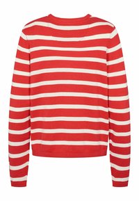 Červený a biely pruhovaný sveter s dlhými rukávmi, okrúhlym výstrihom a skráteným strihom, pletená textúra a viditeľné detaily švov.