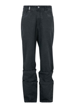 Mustad denim püksid, millel on kerge läige, nupp ja tõmblukk, kaks esikotti ja volditud varrukad.