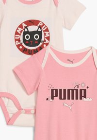 Two baby onesies: one light pink with a black cat logo, the other pink with the word "PUMA" in a stylized font and playful accents.