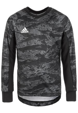 Mustapaita, jossa on pitkät hihat, urheilullinen muotoilu, tekstuurinen harmaa camo-kuvio, ribbireunat ja Adidas-logo rinnassa.