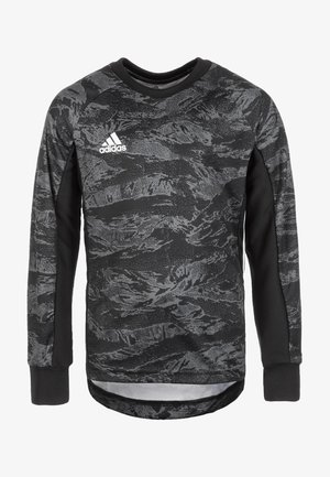 Schwarzes langärmeliges Sportshirt mit einem strukturierten grauen Camouflagemuster, gerippten Bündchen und einem Adidas-Logo auf der Brust.