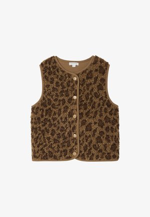 Braune ärmellose Fleeceweste mit Leopardenmuster, Frontknopfverschluss, rundem Ausschnitt und gesäumten Kanten.