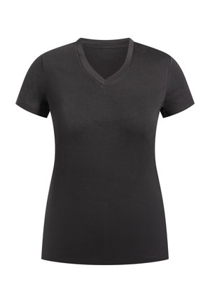 Schwarzes T-Shirt mit kurzen Ärmeln und V-Ausschnitt, aus glattem Baumwollstoff gefertigt, mit einer taillierten Silhouette und minimalen Nähten.