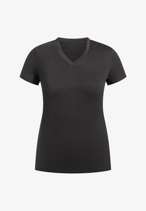 Czarna koszulka z krótkim rękawem o dekolcie w kształcie litery V, wykonana z gładkiej bawełny, z dopasowanym krojem i minimalnymi detalami szwów.