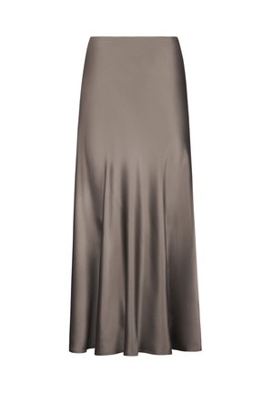 Satinhüftlanger Rock in einem gedämpften Taupe-Ton mit glatter Textur, versehen mit einer A-Linien-Silhouette und dezenten Drapierungen.