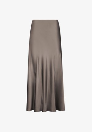 Satinkjol i midilängd i en dämpad taupefärg med en slät yta, med A-linjeformad silhuett och subtila veck.