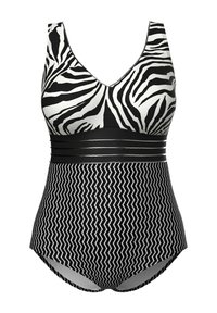 Maillot de bain une pièce avec le haut imprimé zèbre noir et blanc, une ceinture noire unie avec des fines rayures, et un bas à motif zigzag noir et blanc.