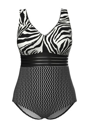 Einteiliger Badeanzug mit schwarz-weißem Zebramuster-Oberteil, einfarbigem schwarzen Taillenbund mit dünnen Streifen und schwarz-weißem Zickzackmuster am Unterteil.