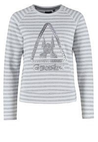 Sweat-shirt rayé gris à manches longues, avec un logo graphique métallique au centre. Tissu doux avec un col côtelé.