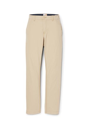 Pantalones de algodón beige con un diseño de pierna recta, bolsillos delanteros y una textura sutil. Presenta una cintura con cierre de botón.