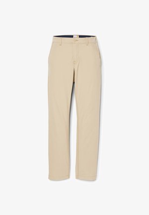 Beige Baumwollhosen mit geradem Bein, vorderen Taschen und einer dezenten Struktur. Mit einem Bund und einem Knopfverschluss.