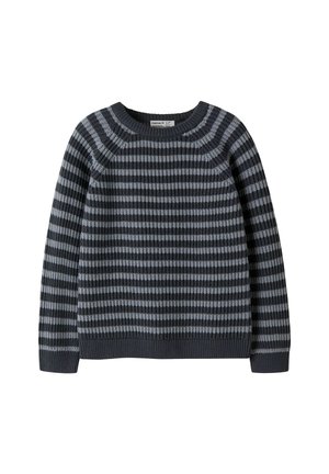 Pull tricoté à manches longues avec fines rayures horizontales gris foncé et clair et poignets et ourlet côtelés.