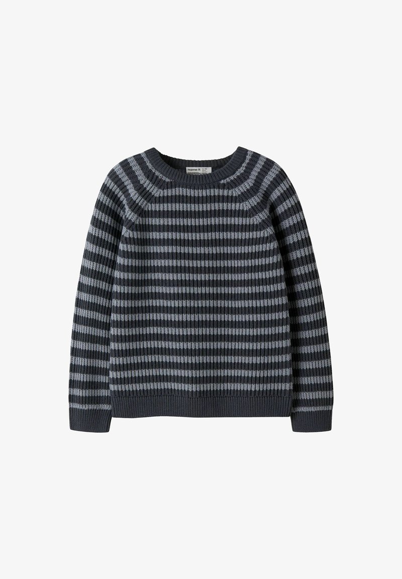 Pull tricoté à manches longues avec fines rayures horizontales gris foncé et clair et poignets et ourlet côtelés.