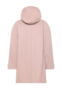 Lyserød regnjakke med hætte, glat tekstur, lange ærmer og lige snit. Har et minimalistisk design uden synlige metaldele.