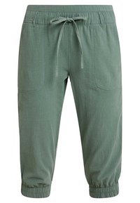 Pantalones ajustados verdes con cintura elástica y cordón, bolsillos laterales y puños elásticos. Tejido suave y texturizado con un ajuste casual.
