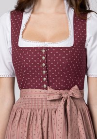 Traditionelles Kleid mit einem maroonfarbenen Oberteil, das weiße Blumenmuster, silberne Knöpfe und einen rosa plissierten Rock mit einer Schleifenakzent aufweist.