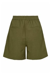 Olivgrüne Shorts mit einem elastischen Bund mit Kordelzug, ausgestattet mit zwei Gesäßtaschen und einem weichen, leichten Stoff.