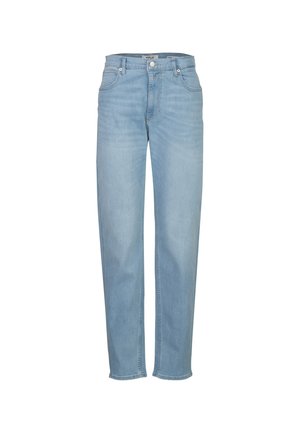 Lichtblauwe rechte spijkerbroek met vooraan knoop- en ritssluiting, riemlussen en voor- en achterzakken.