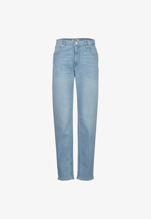 Jean en denim bleu clair à coupe droite, avec fermeture par bouton et zip devant, passants pour ceinture, poches avant et arrière.