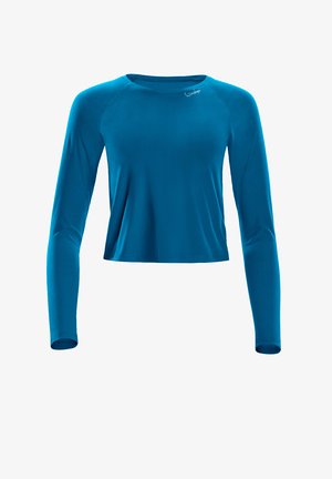 Teal lange mouw shirt met een ronde halslijn, een gladde textuur en raglanmouwen. Bevat een klein logo op de borst.