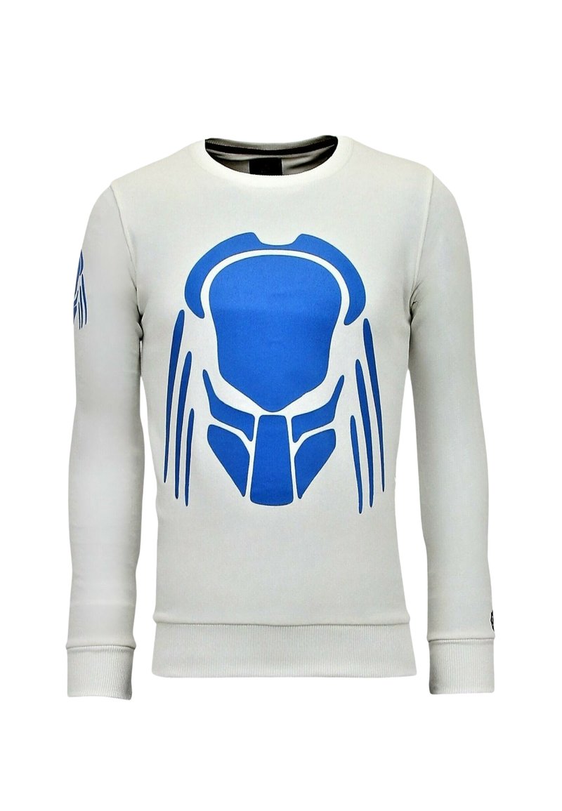 Witte sweatshirt met een grote blauwe graphic die lijkt op een torso op de voorkant, met aansluitende manchetten en een ronde hals.