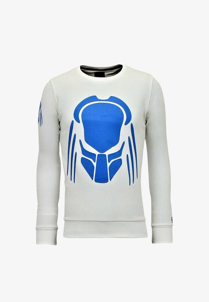 Witte sweatshirt met een grote blauwe graphic die lijkt op een torso op de voorkant, met aansluitende manchetten en een ronde hals.