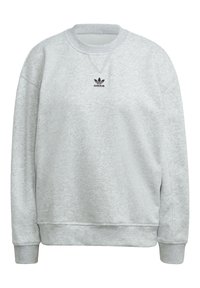 Grå sweatshirt i ett mjukt tyg med långa ärmar, ribbad mudd och rundad halsringning. Har en svart Adidas-logotyp på bröstet.