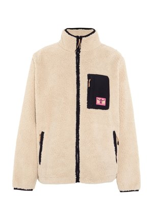 Fleece jacket in cream with black accents. Features a full zipper, high collar, one chest pocket, and two side pockets. Soft texture.