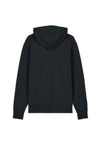 Sweatshirt à capuche en tissu noir foncé, avec des manches longues, une coupe décontractée et des poignets et un ourlet côtelés. Le dos est lisse, sans détails supplémentaires.