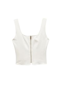 Top bianco corto con spalline larghe e zip frontale. Il tessuto è liscio, aderente al corpo con un design strutturato.
