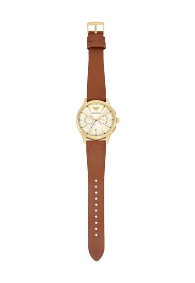 Goldfarbene Armbanduhr mit rundem Zifferblatt, beiger Ziffernblatt, braunem Lederarmband und silbernen Akzenten. Zu den Funktionen gehören Chronographen-Subdials und eine Datumsanzeige.