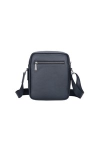 Borsa a tracolla in pelle nera con finitura testurizzata, forma rettangolare, tracolla regolabile e tasca frontale con zip.